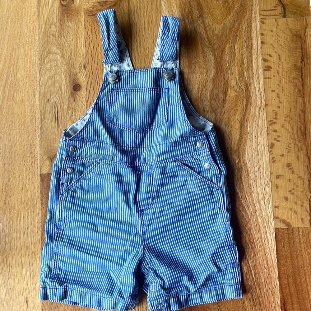 Blue pinstriped overall shorts